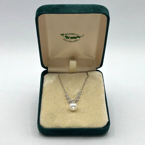14k White Gold w Cultured Freshwater Pearl & .12ctw Diamond Bezel Set Necklace - Picture 7 of 7